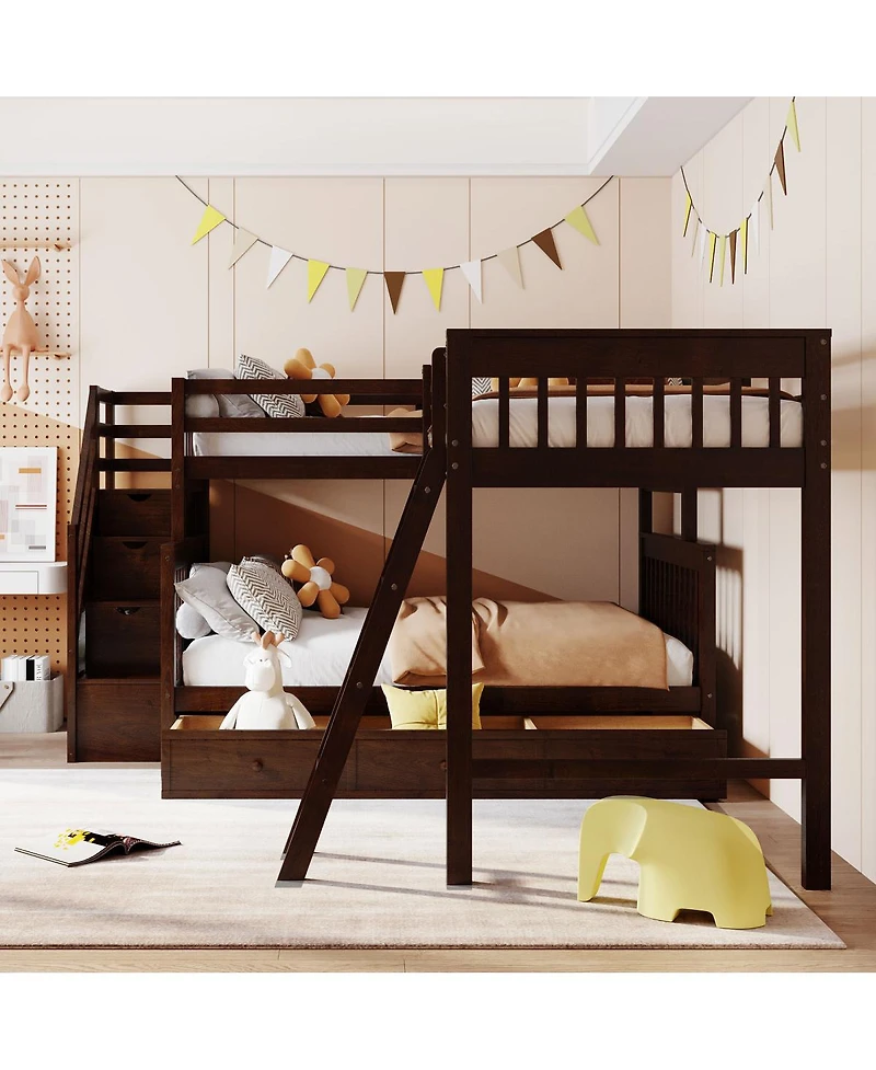 Streamdale Furniture Twin over Full L-Shaped Bunk Bed With 3 Drawers Ladder and Staircase