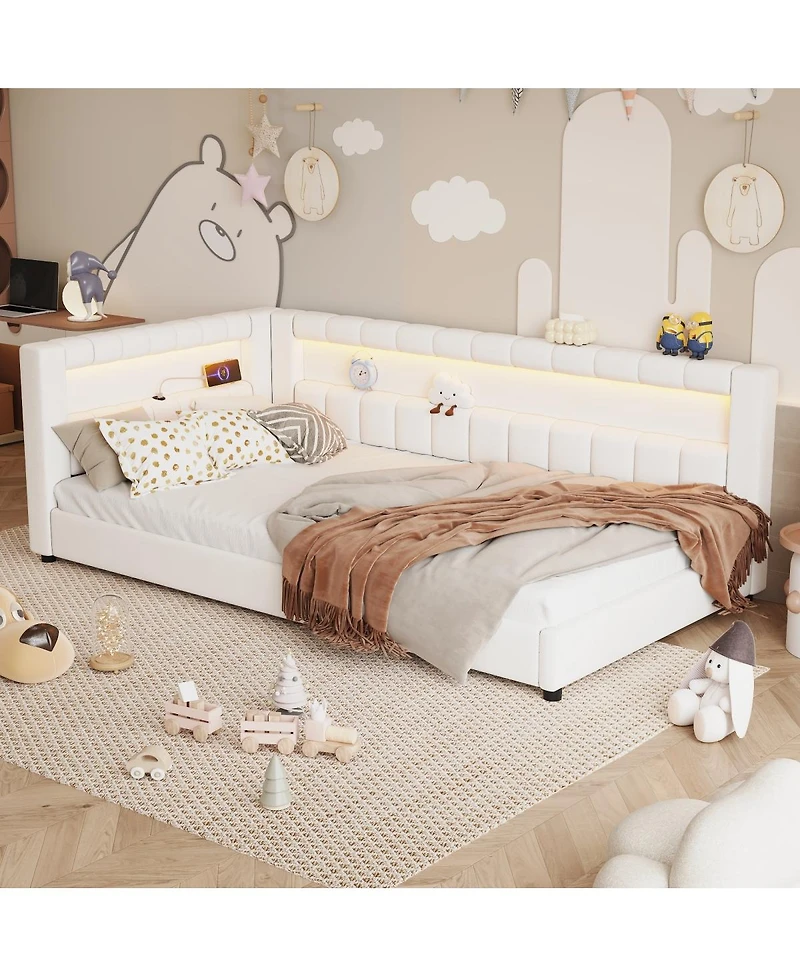 Streamdale Furniture Upholstered Twin Xl Size Platform Bed with Usb Ports and Led Belt Cream