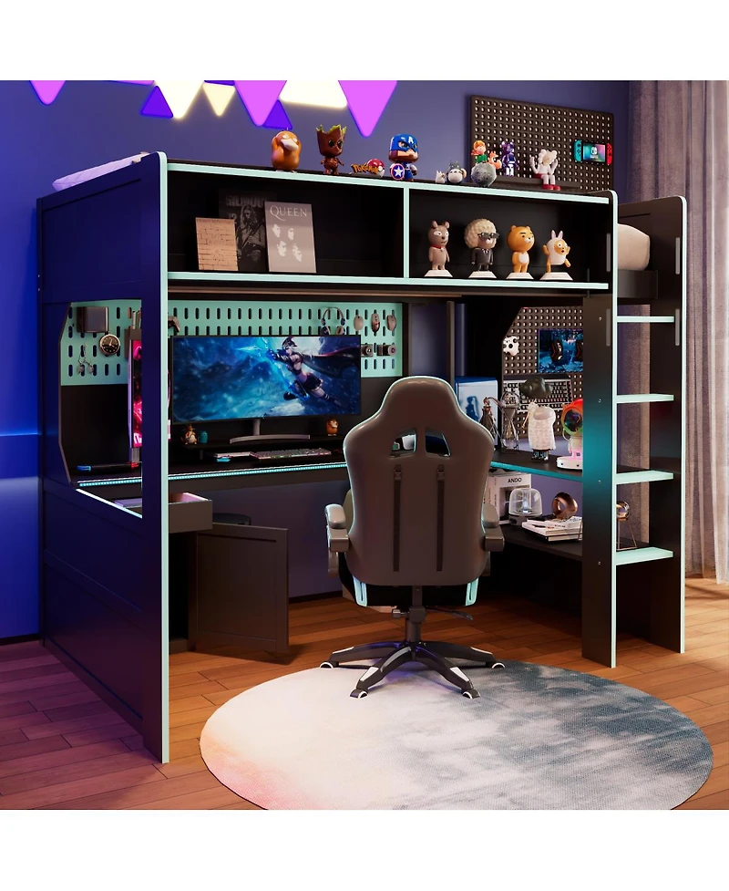 Streamdale Furniture Twin Size Gaming Loft Bed with Desk Lights and Charging Station