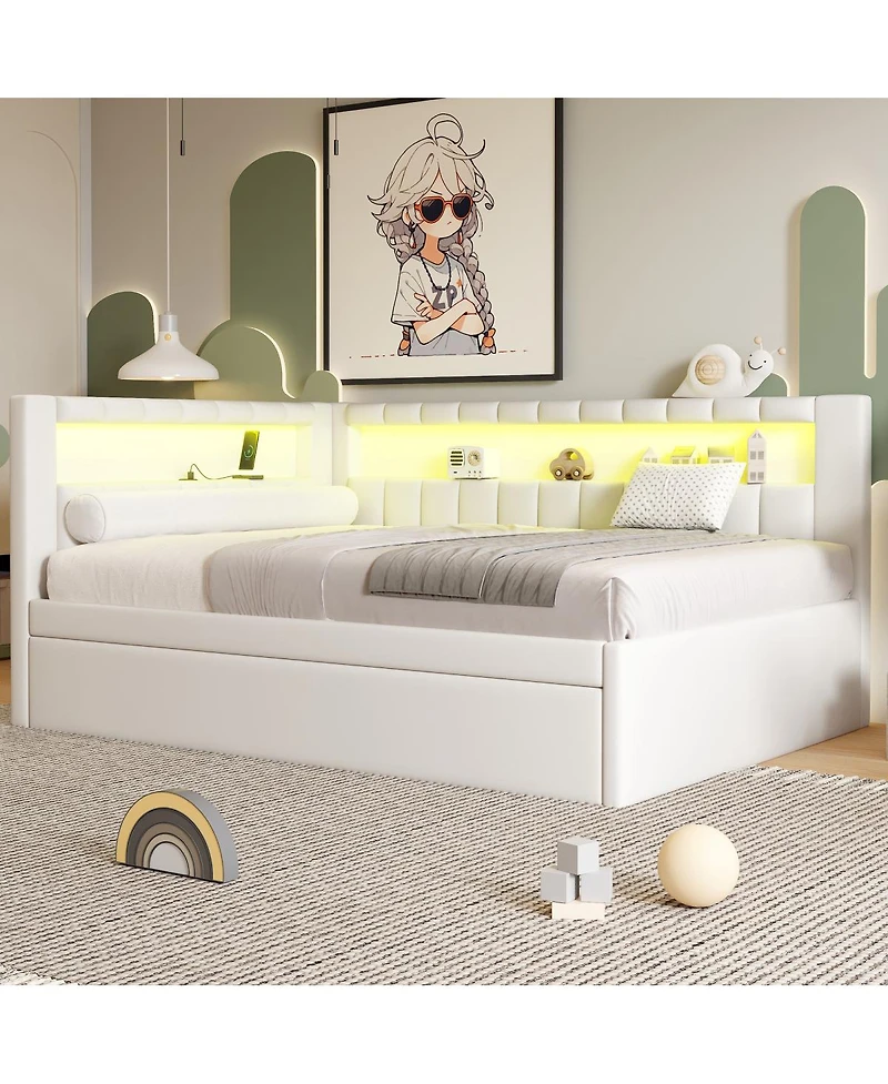 Streamdale Furniture Full Size Upholstered Platform Bed with Led Usb Ports and Trundle