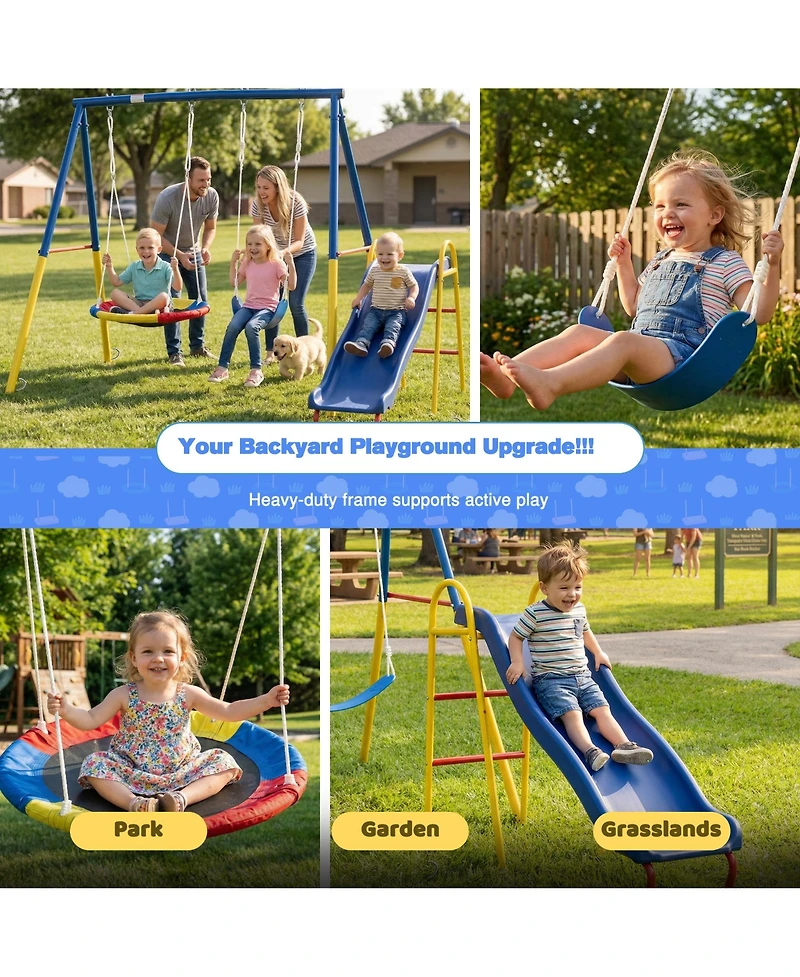 Zeny Swing Sets for Backyard with Kids Slide Outdoor Heavy-Duty Metal Playset 3 in 1 Swing Set with Slide