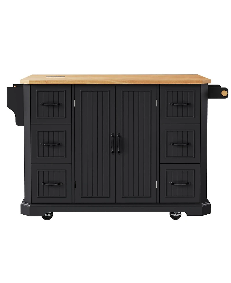 Streamdale Furniture 56'' Kitchen Island with Drop Leaf Power Outlet 6 Drawers and Rolling Wheels