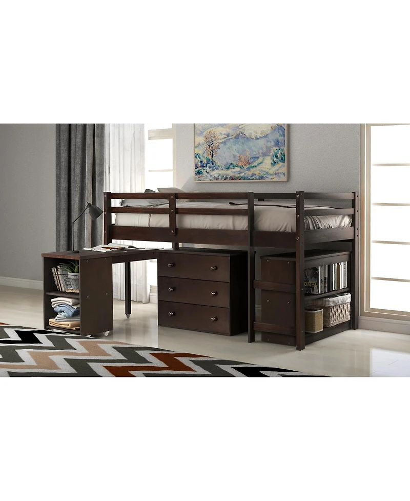 Streamdale Furniture Low Study Twin Loft Bed with Cabinet and Rolling Portable Desk