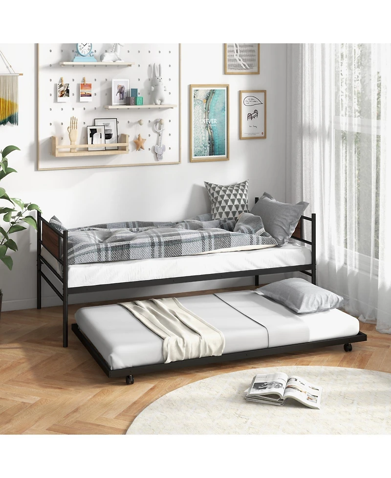 Gouun Twin Size Metal Daybed with Trundle and Wood Grain Headboard