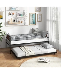 Gouun Twin Size Metal Daybed with Trundle and Wood Grain Headboard