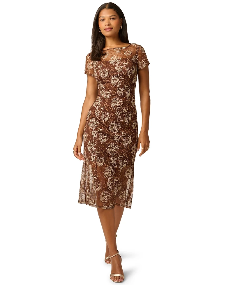 Adrianna Papell Women's Embroidered Mermaid Boat Neck Midi Dress