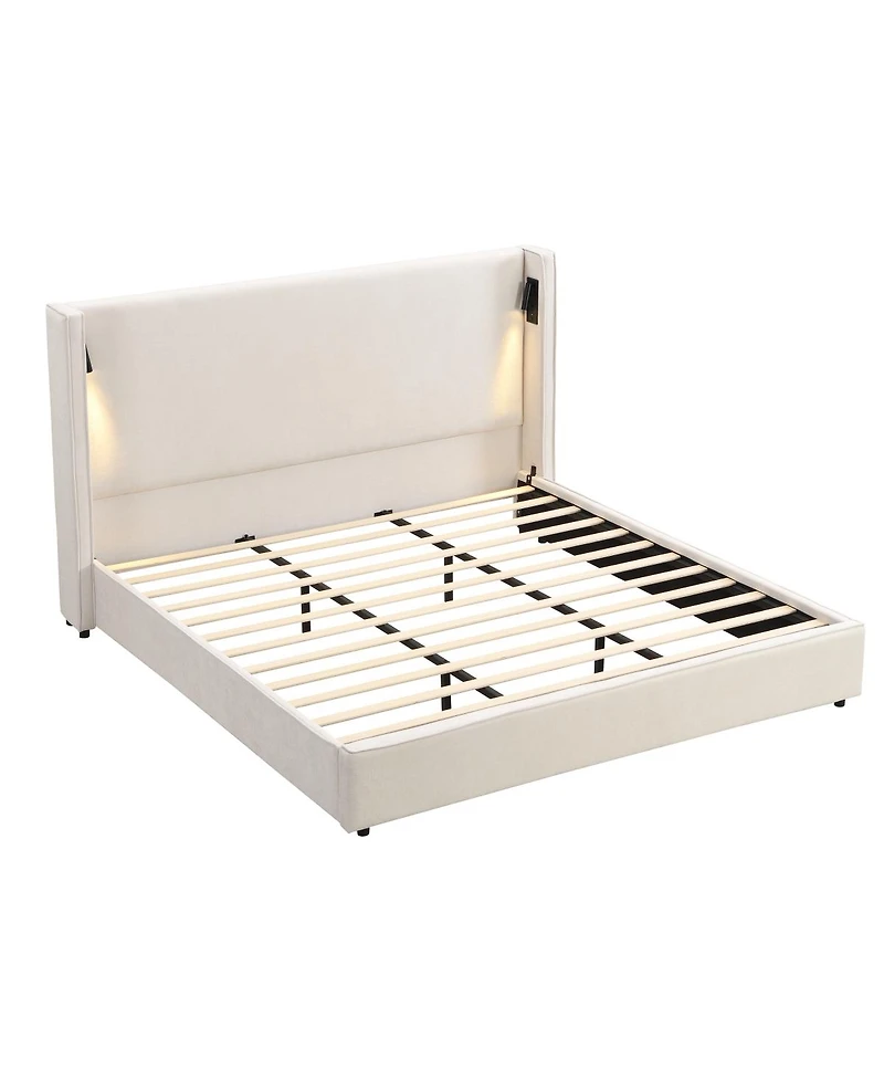 Streamdale Furniture California King Upholstered Wingback Bed Frame with Reading Lamp and Usb