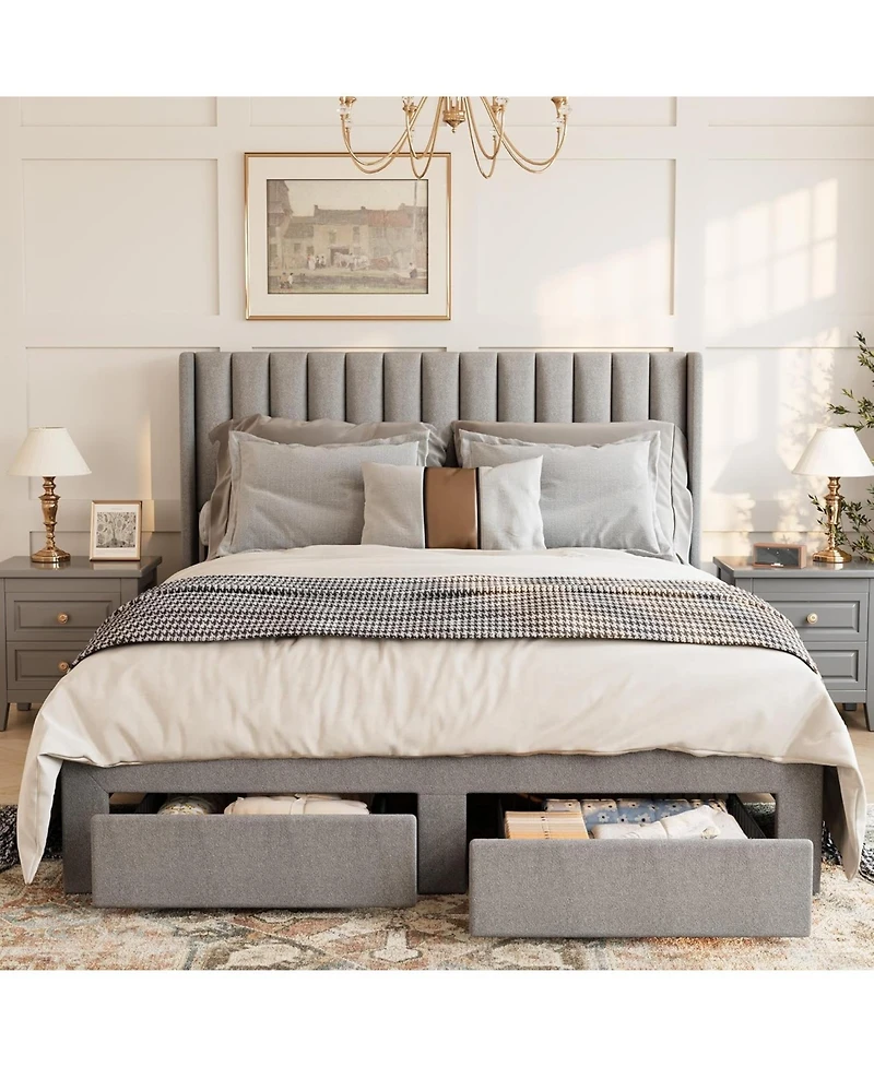 gaomon Queen Size Bed Frame, Bed Frame Upholstered Platform Bed with Velvet Headboard, Wing Edge Design, 2 Storage Drawers