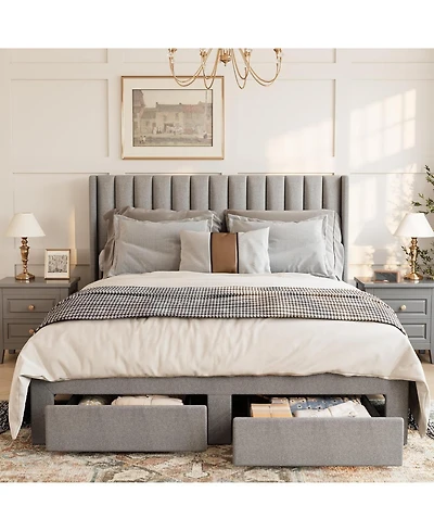 gaomon Queen Size Bed Frame, Bed Frame Upholstered Platform Bed with Velvet Headboard, Wing Edge Design, 2 Storage Drawers