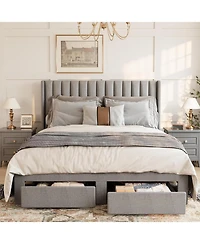gaomon Queen Size Bed Frame, Bed Frame Upholstered Platform Bed with Velvet Headboard, Wing Edge Design, 2 Storage Drawers