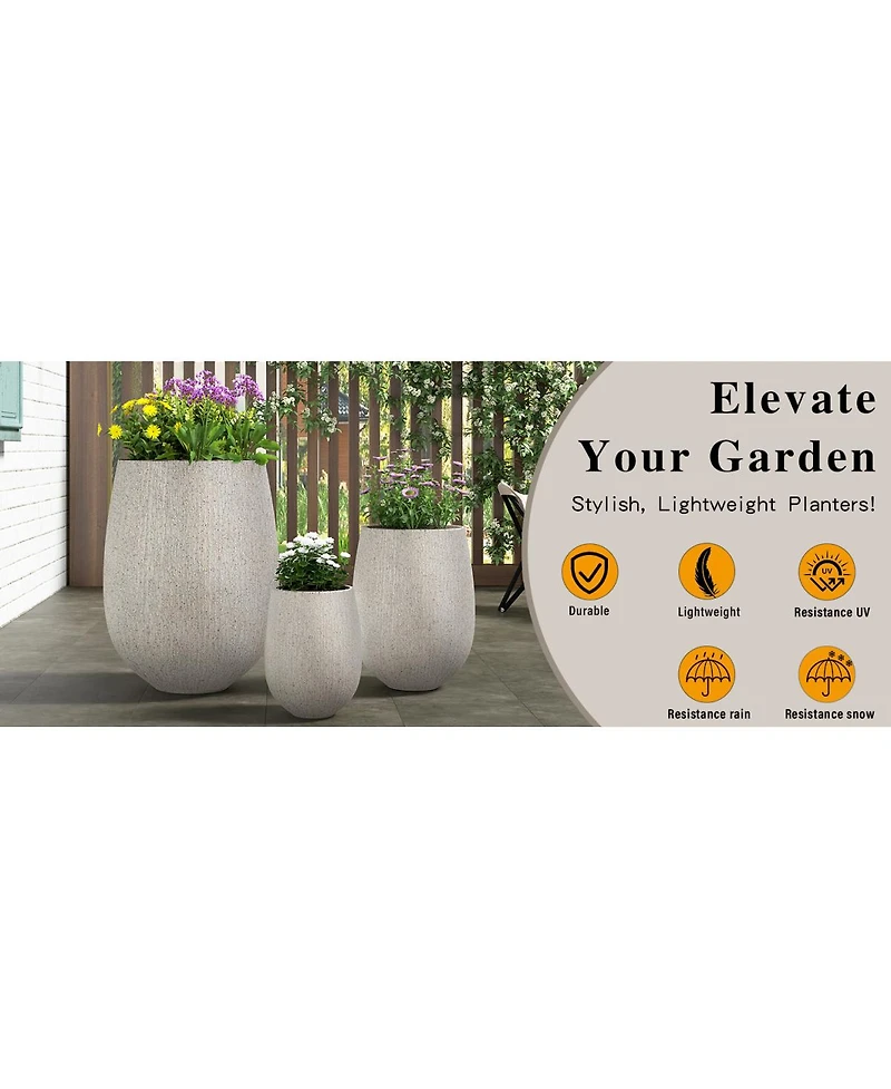 Streamdale Furniture Egg-Shaped Mgo Outdoor Planter Set of 3 Stone-Look Pots with Drainage