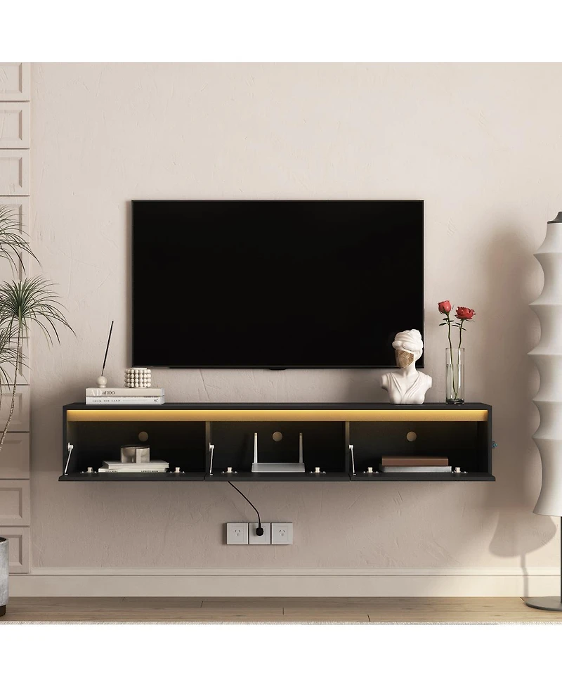 Streamdale Furniture High-Gloss Wall-Mounted Tv Cabinet with Led Lights and Power Outlet