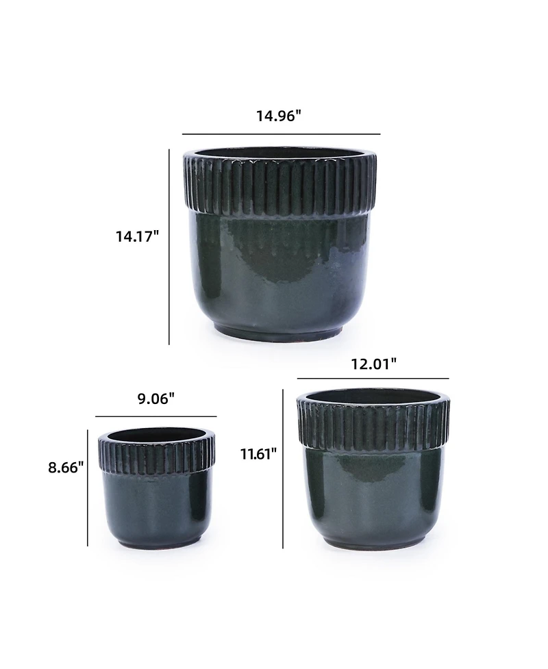 Clihome Handmade Ceramic Planter Set of 3, 15/14/9 Inch Diameter, Ribbed Pattern, for Succulents Indoor/Outdoor Use on Windowsill and Bookshelf