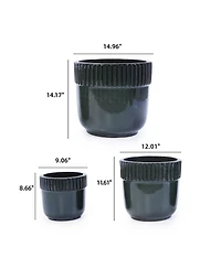 Clihome Handmade Ceramic Planter Set of 3, 15/14/9 Inch Diameter, Ribbed Pattern, for Succulents Indoor/Outdoor Use on Windowsill and Bookshelf