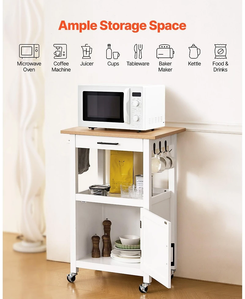 Volenca 18x23" Kitchen Island Cart with Single Door Cabinet, Drawer, Towel Rack, Hooks, Swivel Wheels