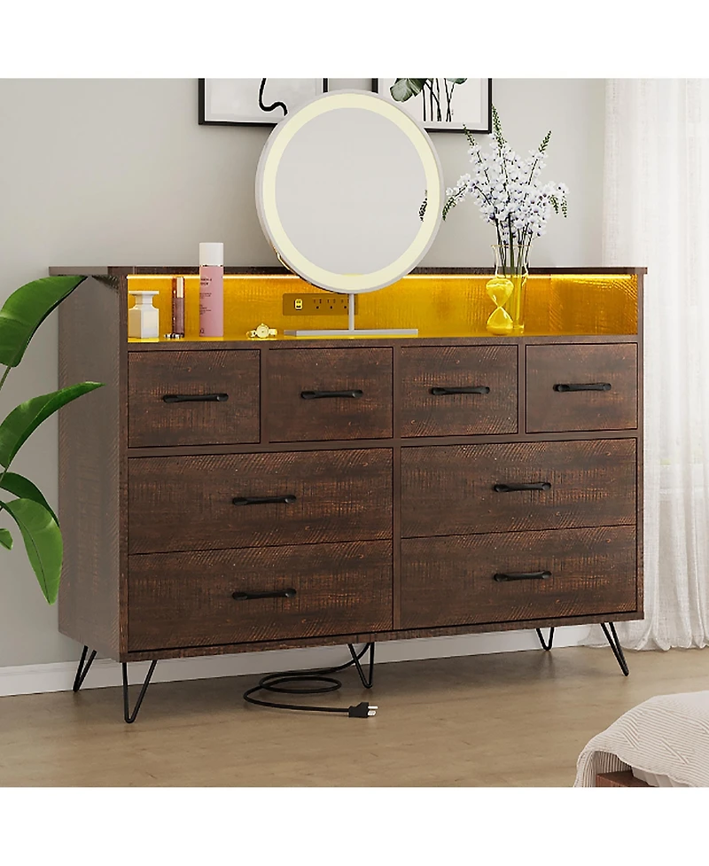 homfan 8 Drawer Dresser with Charging Station and Rgb Lights, Wide Bedroom Storage Chest for Makeup Vanity, Gaming Setup, and Living Room