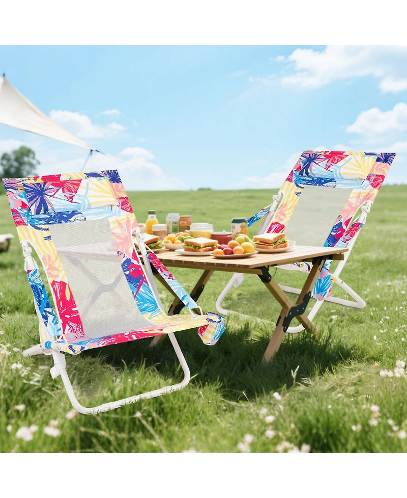 Sugift Folding Low Beach Chair Set of 2 Patio Sling Chairs with Padded Head Pillow