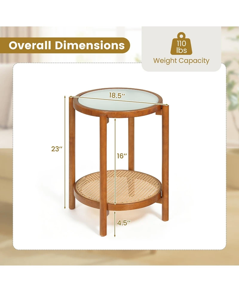 Gymax 2-Tier Round Side Table w/Tempered Glass Top Storage Shelf Acacia Wood Legs
