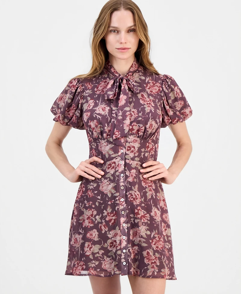 Lulus Women's Jonni Puff-Sleeve Floral-Print Tie-Front Mini Dress