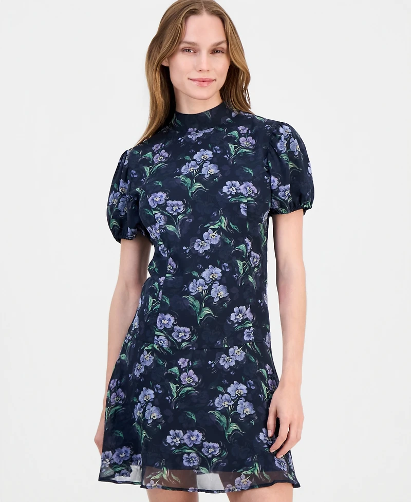 Lulus Juniors' Floral-Print Puff-Sleeve A-Line Lark Tie Back Mini Dress
