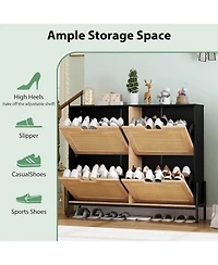 gaomon Rattan Shoe Storage Cabinet with 4 Flip Drawers, Narrow Freestanding Shoe Organizer for Entryway, Black