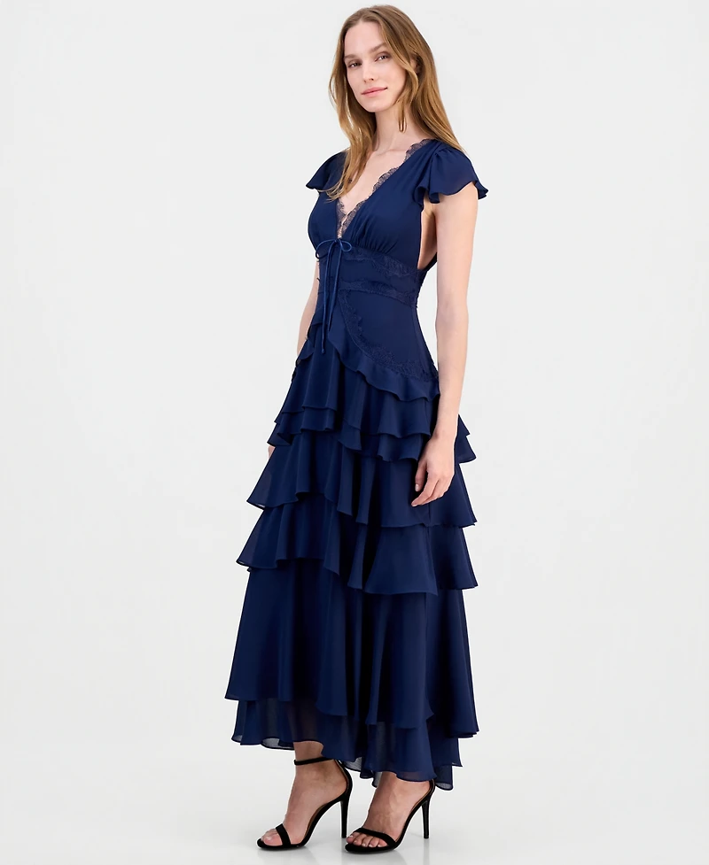 Lulus Women's Sai V-Neck Short-Sleeve Tiered Midi Dress