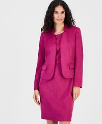 Kasper Womens Faux Suede Collared Open Front Blazer Sleeveless Sheath Dress