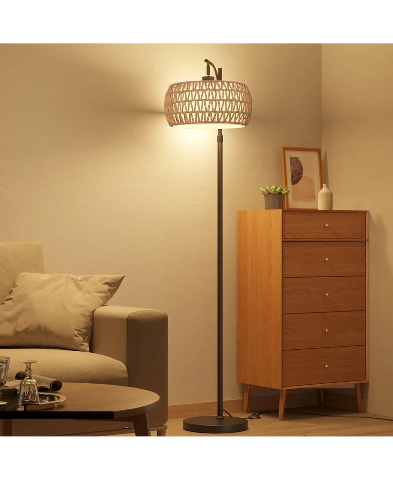 Sugift Dimmable Boho Floor Lamp with Rattan & Linen Drum Shade – Remote & Footswitch Control