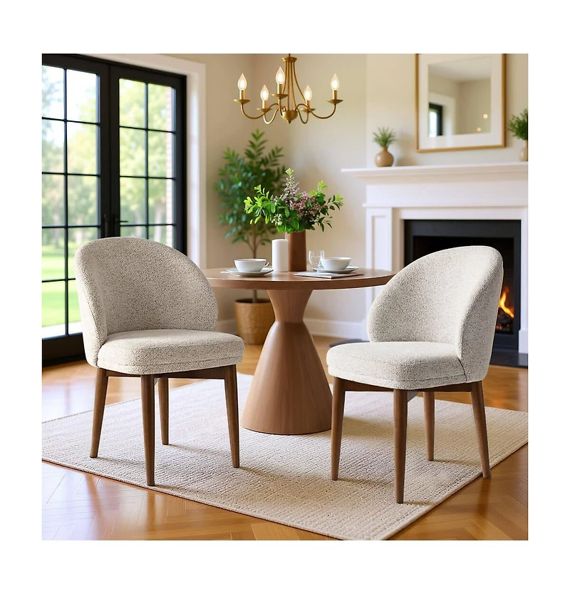 Maison Boucle Upholstered Barrel Dining Side Chairs with Walnut Wood Legs, Set of 2