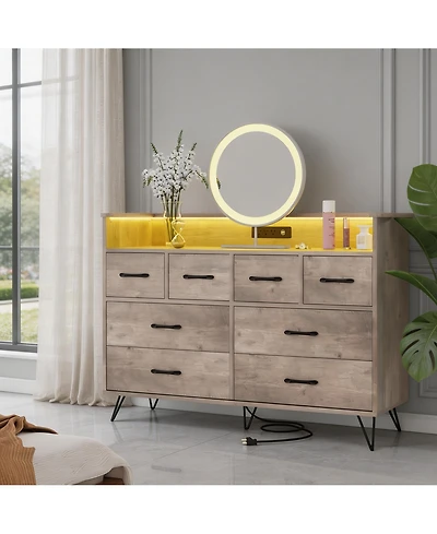 homfan 8-Drawer Dresser with Built-In Charging Station and Led Lights, Sturdy Engineered Wood Storage Organizer Metal Legs, Easy Assembly
