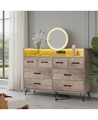 homfan 8-Drawer Dresser with Built-In Charging Station and Led Lights, Sturdy Engineered Wood Storage Organizer Metal Legs, Easy Assembly