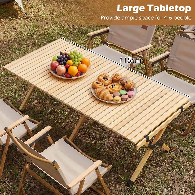 Costway Folding Camping Table, Portable Roll-Up Pine Wood Picnic Table with Carry Bag