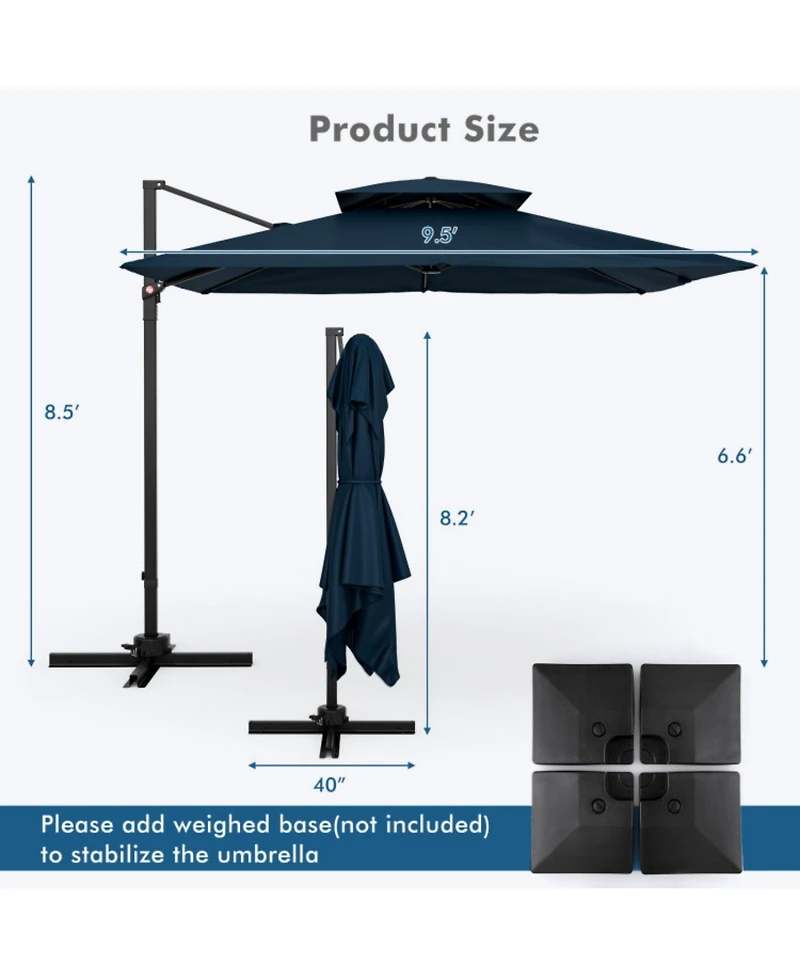 Clihome Cantilever Patio Umbrella with 360degree(s) Rotation and Double Top