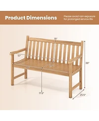 Sugift Teak Wood Outdoor 3-Seat Porch Bench with Curved Armrests and Slatted Backrest