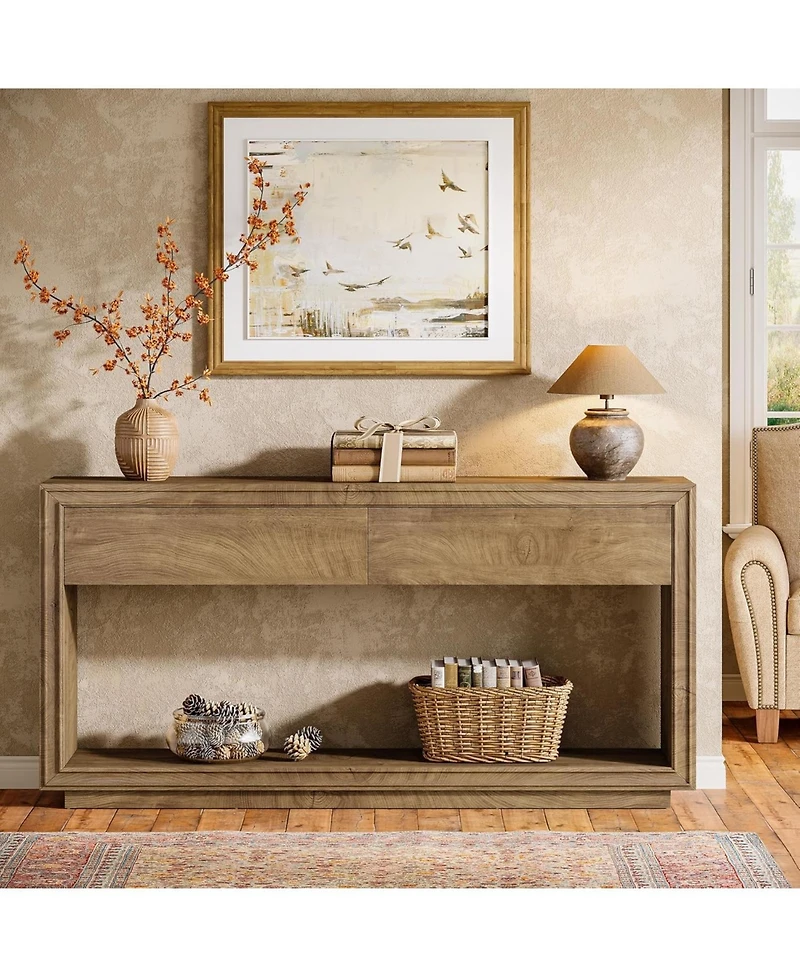 Tribesigns 63" Console Table with 2 Drawers, Farmhouse Entryway Table with Open Storage Shelf, Wooden Sofa Console Behind the Couch