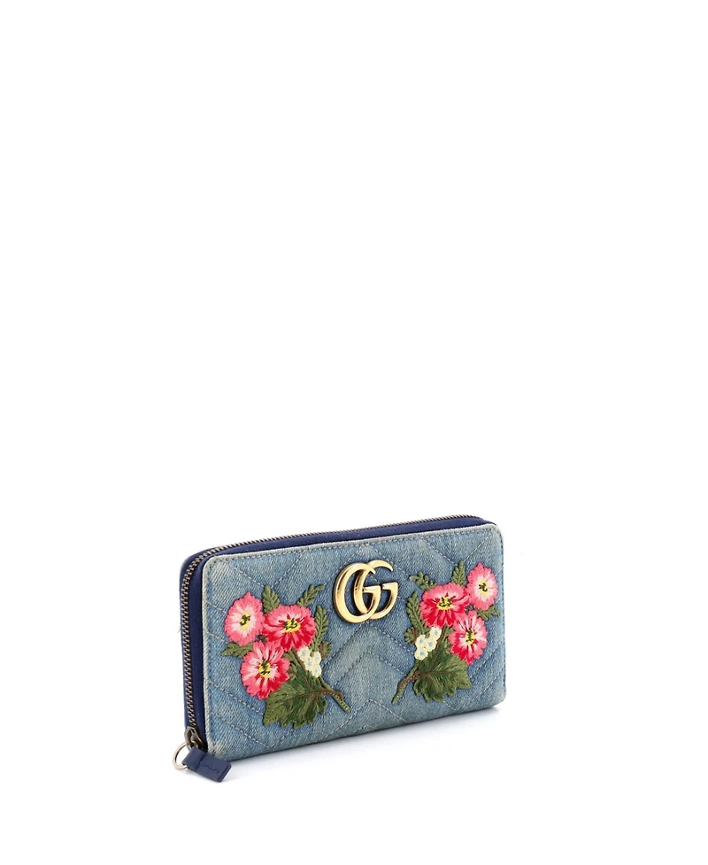 Pre-Owned Gucci Gg Marmont Zip Around Wallet Embroidered Matelasse Denim