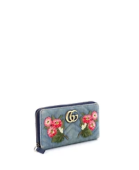 Pre-Owned Gucci Gg Marmont Zip Around Wallet Embroidered Matelasse Denim