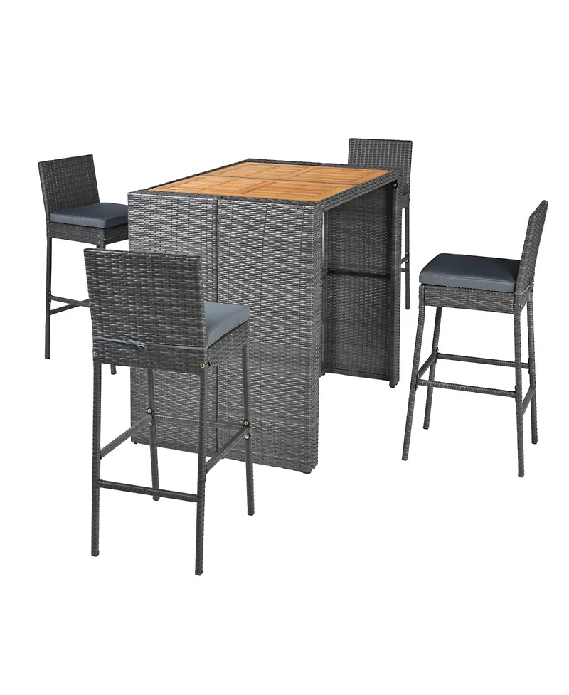 Sugift 5-Piece Patio Acacia Wood Bar Dining Set with 4 Pe Wicker Bar Stools