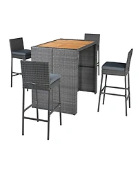 Sugift 5-Piece Patio Acacia Wood Bar Dining Set with 4 Pe Wicker Bar Stools