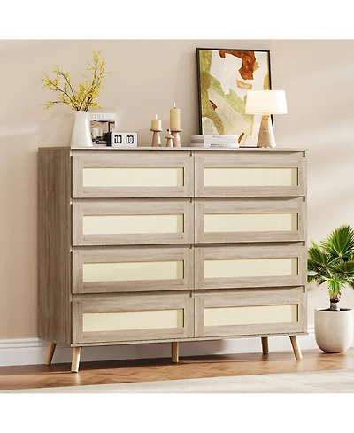 homfan Rattan Dresser with 8 Drawers and Wood Legs for Bedroom, Living Room, Hallway, Entryway