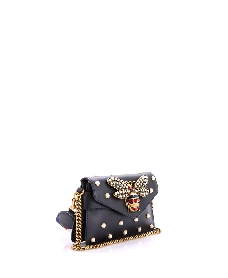 Pre-Owned Gucci Mini Broadway Pearly Bee Shoulder Bag Embellished Leather