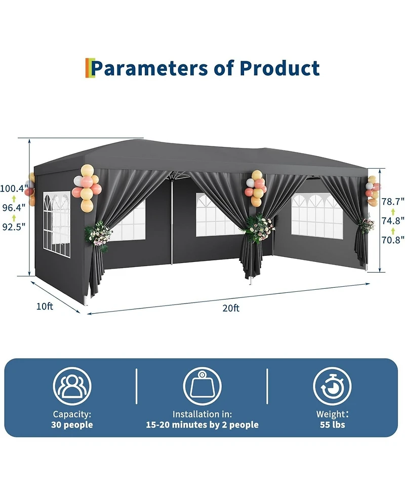 gaomon 10x20 Feet Heavy-Duty Pop Up Canopy Tent with 6 Removable Sidewalls Adjustable Commercial Outdoor Tent for Parties Weddings and Events