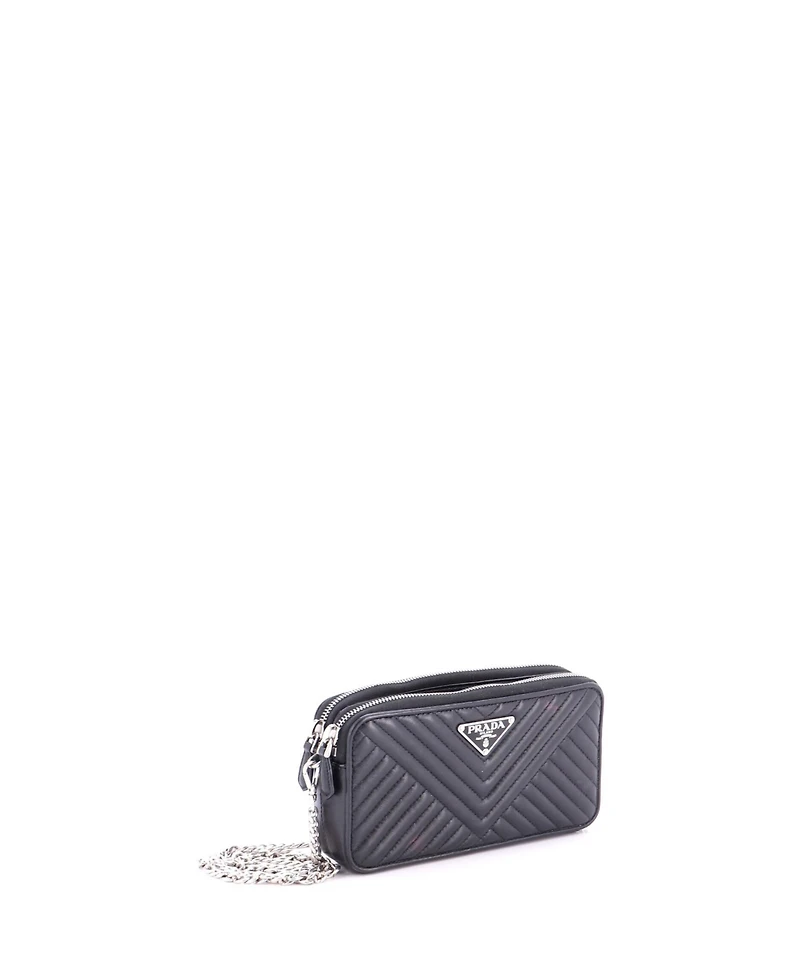 Pre-Owned Prada Mini Double Zip Wallet on Chain Crossbody Chevron Leather