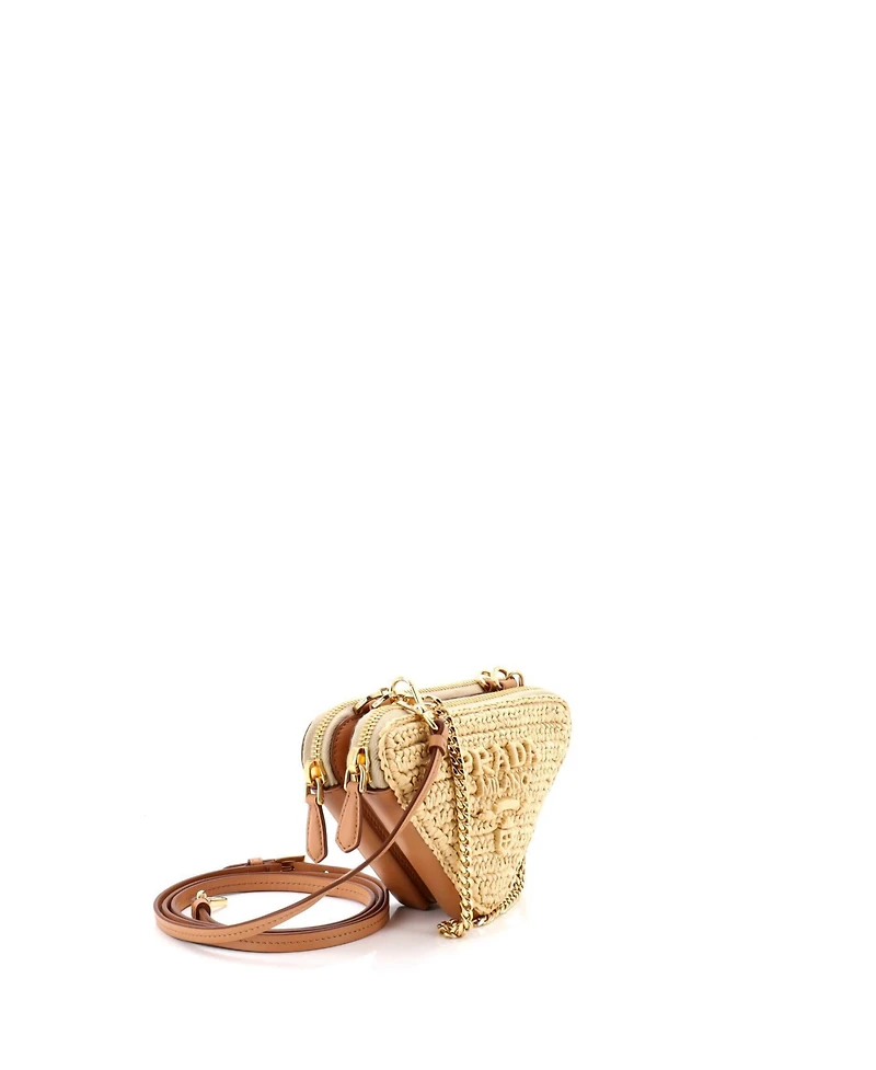 Pre-Owned Prada Mini Triangle Logo Zip Around Shoulder Bag Raffia and Leather