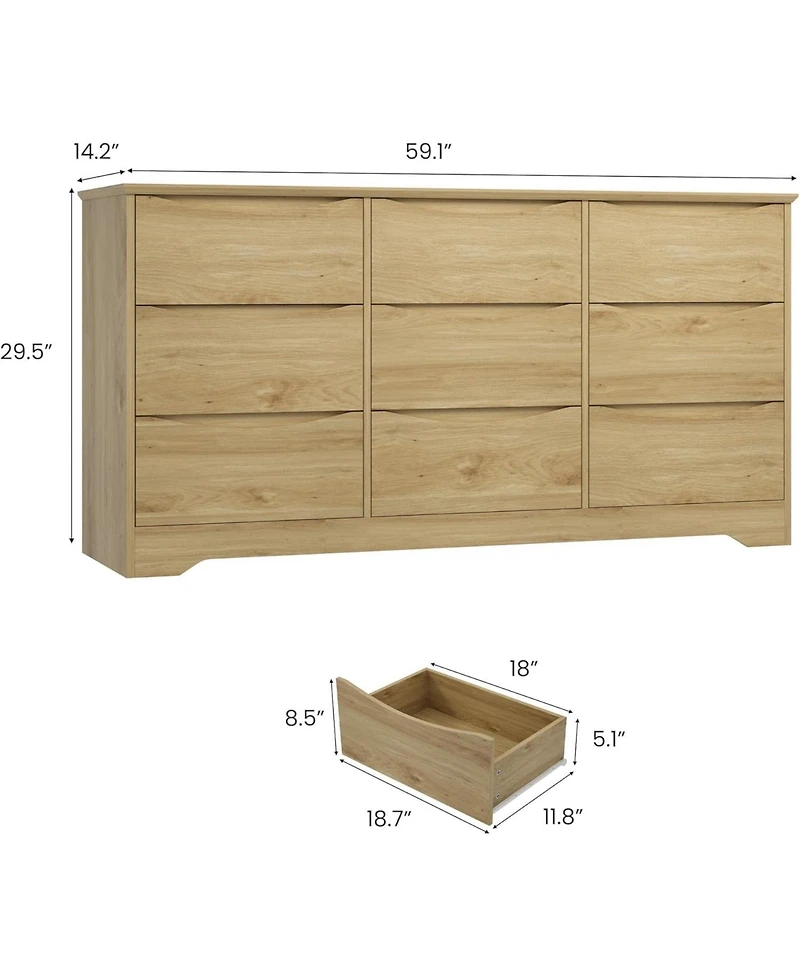 gaomon Wooden Dresser with 9 Drawers, Tall Modern Closet with Deep Storage, Large Chest of Drawers with Wide Top, Long Storage Dresser for Bedroom