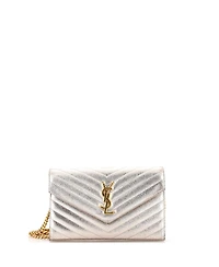 Pre-Owned Saint Laurent Medium Classic Monogram Wallet on Chain Matelasse Chevron Metallic Leather