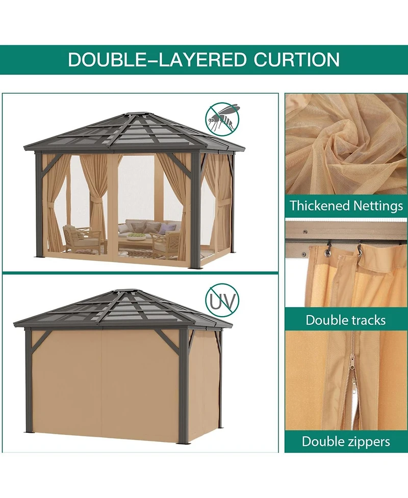 gaomon Hardtop Gazebo, Outdoor Polycarbonate Double Roof Canopy, Aluminum Frame Permanent Pavilion with Curtains and Netting, Sunshade for Garden