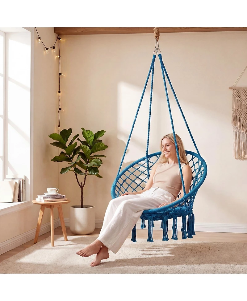 Sugift Macrame Bohemian Swing Hammock Chair with Round Cushion and Metal Rings