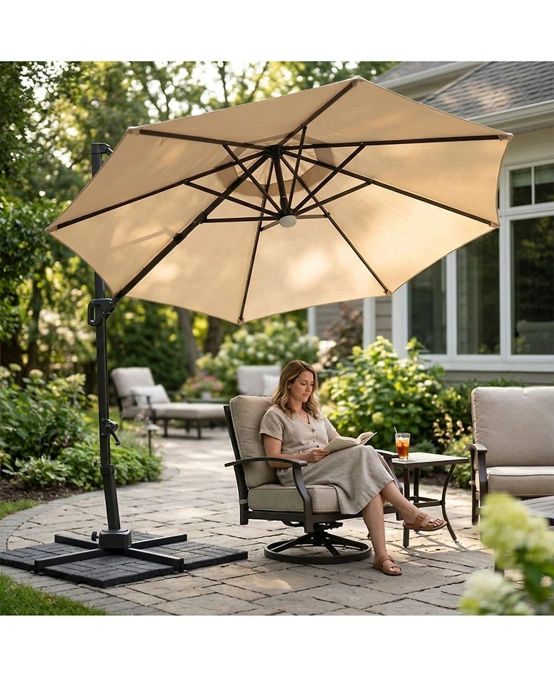 Sugift 10 ft Cantilever Outdoor Patio Umbrella with Solar Led Lights and 360 Rotation