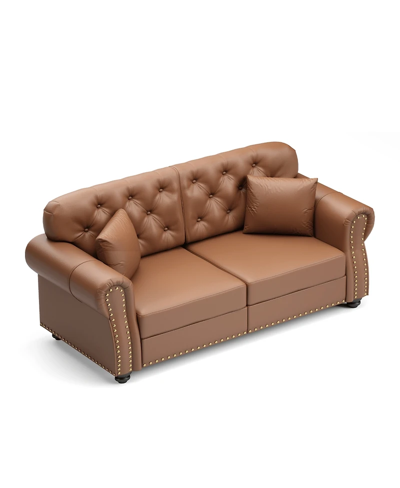 Maison Boucle 63'' Faux Leather Loveseat, Nailhead Tufted Chesterfield, Wood Frame